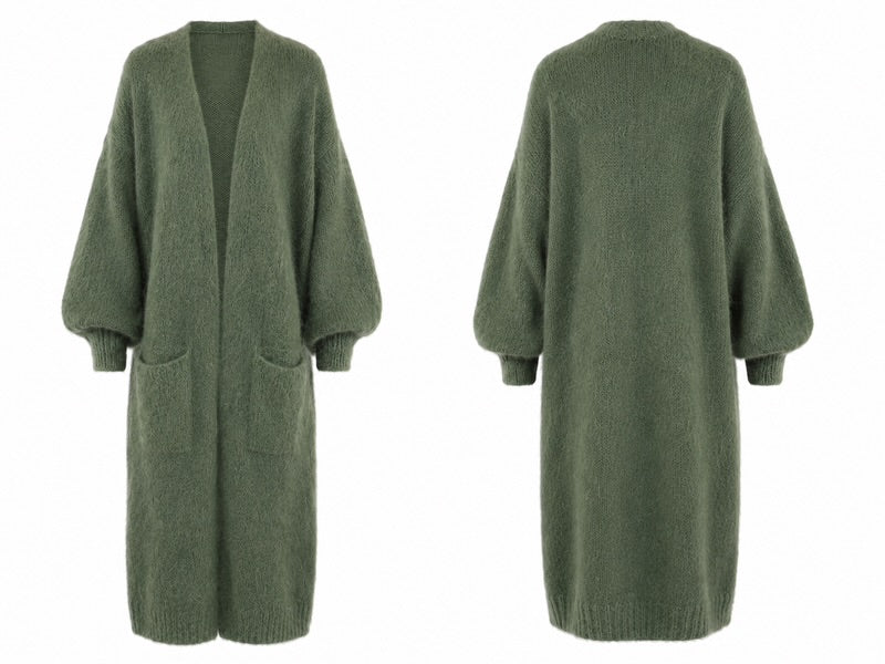 Pitkä Mohair neuletakki taskuilla, vihreä