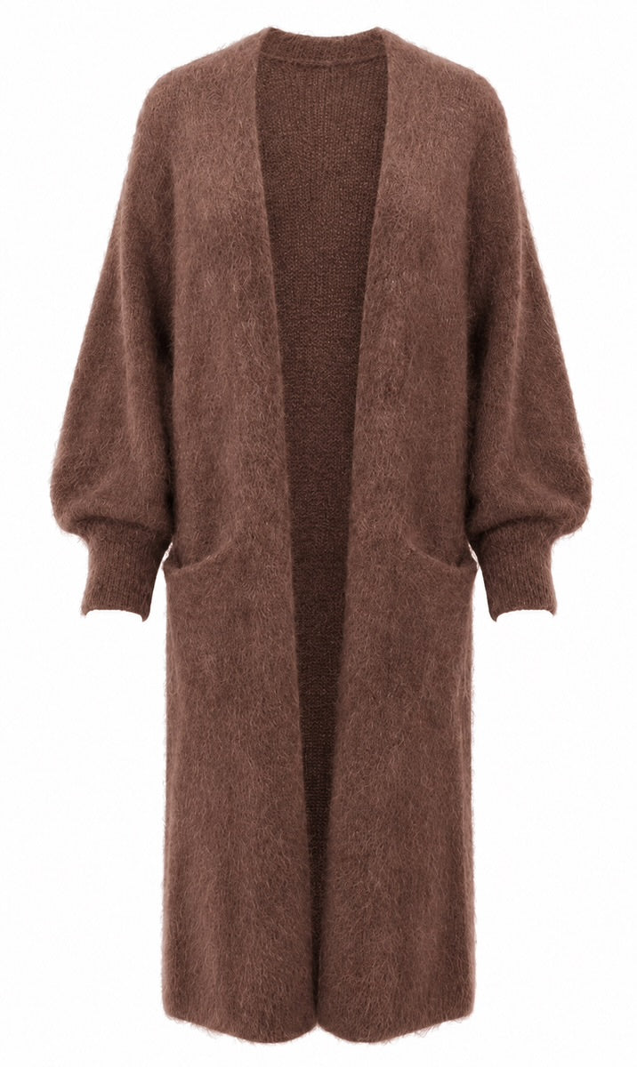 Pitkä Mohair neuletakki taskuilla, ruskea