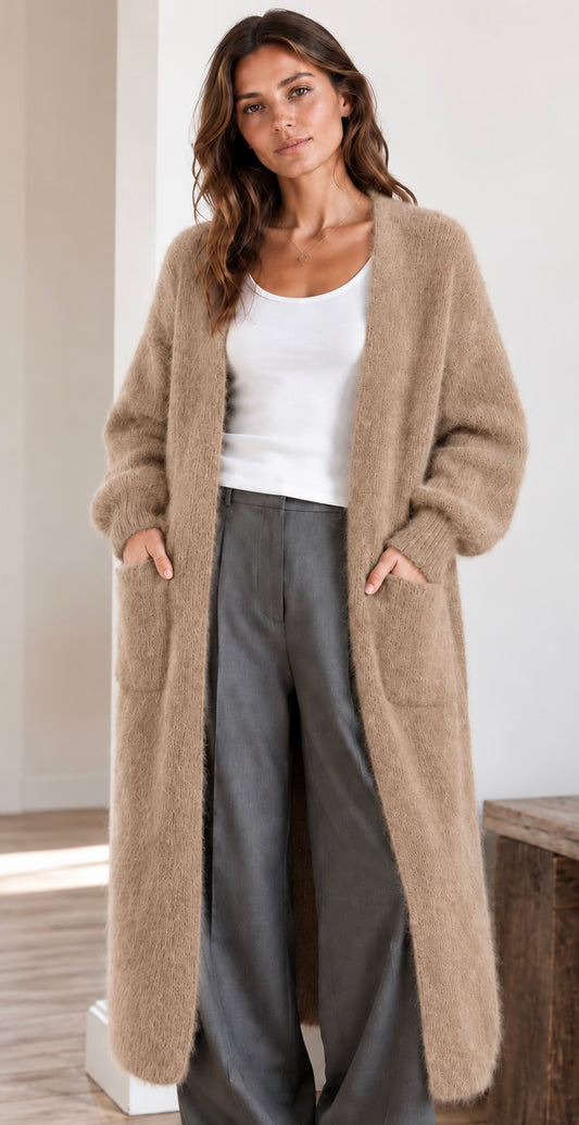 Pitkä Mohair neuletakki taskuilla, taube