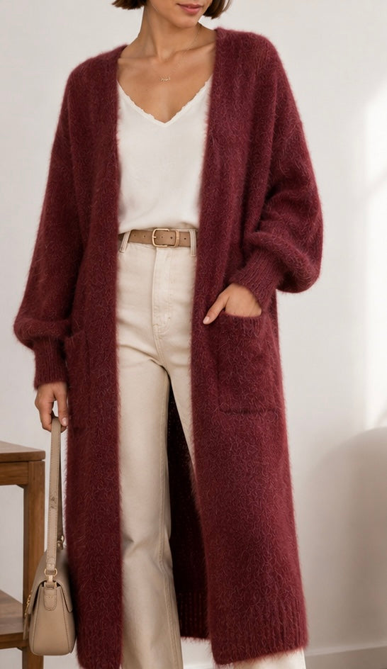 Pitkä Mohair neuletakki taskuilla, viini