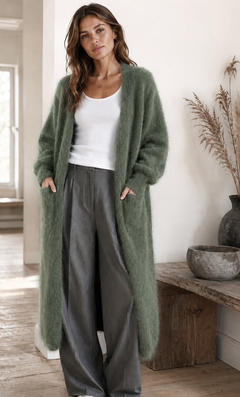 Pitkä Mohair neuletakki taskuilla, vihreä
